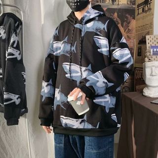 【人気商品】ブラック パーカー フード サメ プリント ゆったり メンズ 韓国